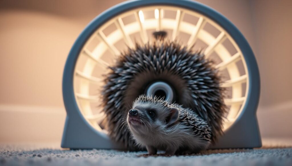 A cozy, well-lit exercise wheel sits in the center of the frame, its sturdy construction and smooth, rounded edges evident. Soft, diffused lighting from above illuminates the wheel, casting gentle shadows and highlighting its intricate details. In the foreground, a curious hedgehog peers up at the wheel, its spines neatly groomed and its eyes filled with a sense of wonder. The background is blurred, creating a sense of focus on the exercise equipment and the hedgehog, conveying the importance of wheel safety in the overall care and well-being of these nocturnal creatures.