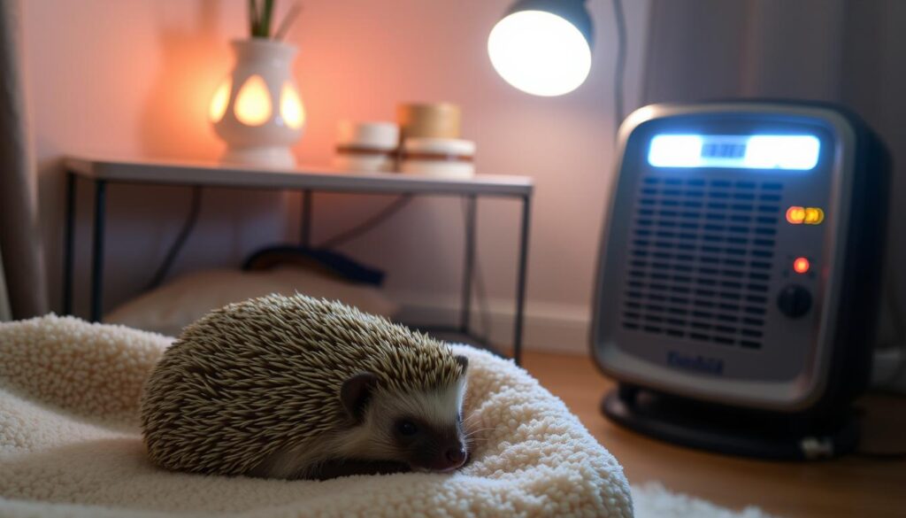 A cozy, well-lit room showcasing various heating solutions for African pygmy hedgehogs. In the foreground, a plush, soft-textured heating pad gently warms a curled-up hedgehog. On a shelf in the middle ground, a small ceramic heat lamp casts a warm glow, illuminating the room. In the background, a sleek, thermostatically-controlled space heater ensures a stable, comfortable temperature for the nocturnal creature. The scene conveys a sense of care, attention to detail, and a deep understanding of the specific heating needs of this delicate species.