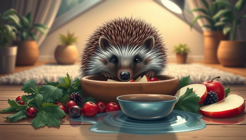 A detailed and realistic illustration of a hedgehog's diet and hydration. In the foreground, a plump, spiny hedgehog sits atop a bed of leafy greens, berries, and sliced apples, its snout sniffing curiously. In the middle ground, a shallow ceramic bowl filled with fresh water reflects the ambient lighting. The background depicts a cozy, dimly lit living space with a fuzzy rug, potted plants, and soft shadows, creating a warm, natural atmosphere. The hedgehog's movements are captured in a slightly blurred, dynamic pose, conveying its active, nocturnal nature. The overall scene emphasizes the importance of a balanced diet and adequate hydration for the health and wellbeing of this adorable, prickly creature.