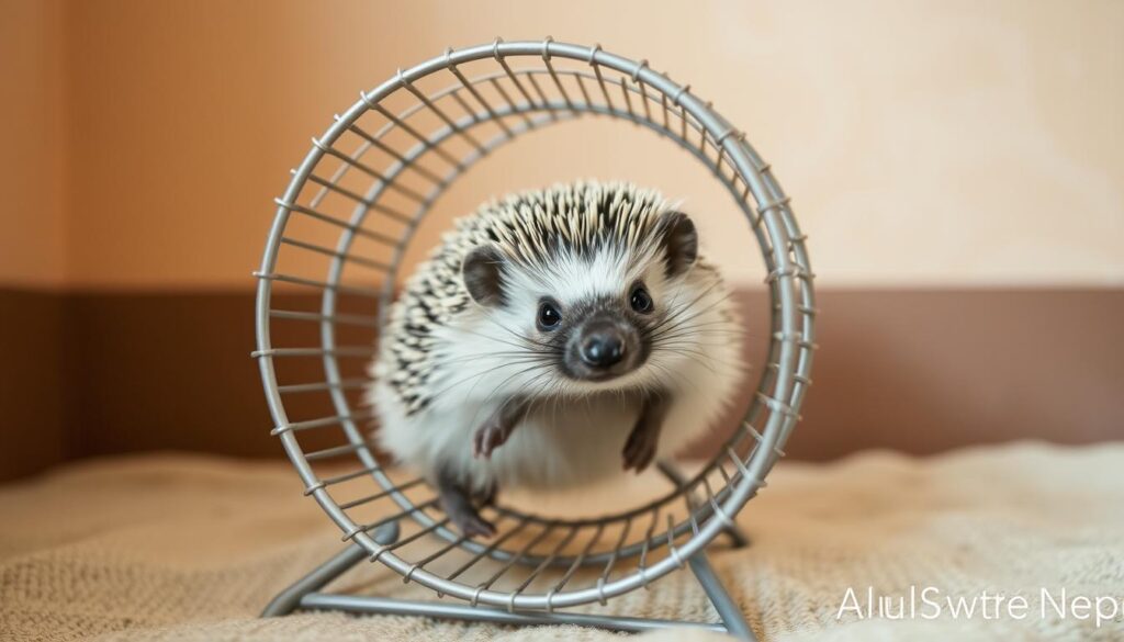 A close-up view of a hedgehog's wheel, showcasing its size in relation to the small mammal. The wheel is made of a sturdy, wire mesh material, with a smooth surface for the hedgehog's comfortable movement. The wheel is positioned in a cozy, well-lit enclosure, with a neutral-toned backdrop that allows the subject to stand out. The lighting is soft and diffused, highlighting the wheel's texture and the hedgehog's delicate features. The camera angle is slightly elevated, providing a clear, unobstructed view of the wheel's size and its importance for the hedgehog's overall health and wellbeing.