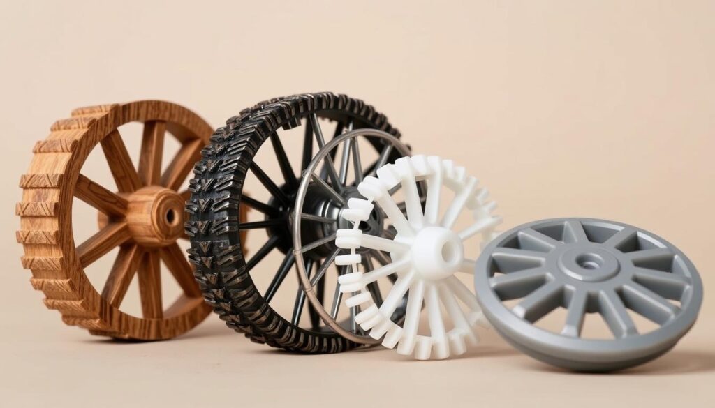A closeup comparison of different hedgehog wheel materials, showcased against a neutral background with soft, even lighting. The foreground features various wheel samples made from wood, metal, and plastic, positioned side-by-side to highlight their unique textures and properties. The middle ground provides a sense of depth, while the background maintains a minimalist, studio-like ambiance, allowing the materials to be the central focus. The image should convey a sense of technical analysis and material evaluation, suitable for an informative article on choosing the best hedgehog wheel.