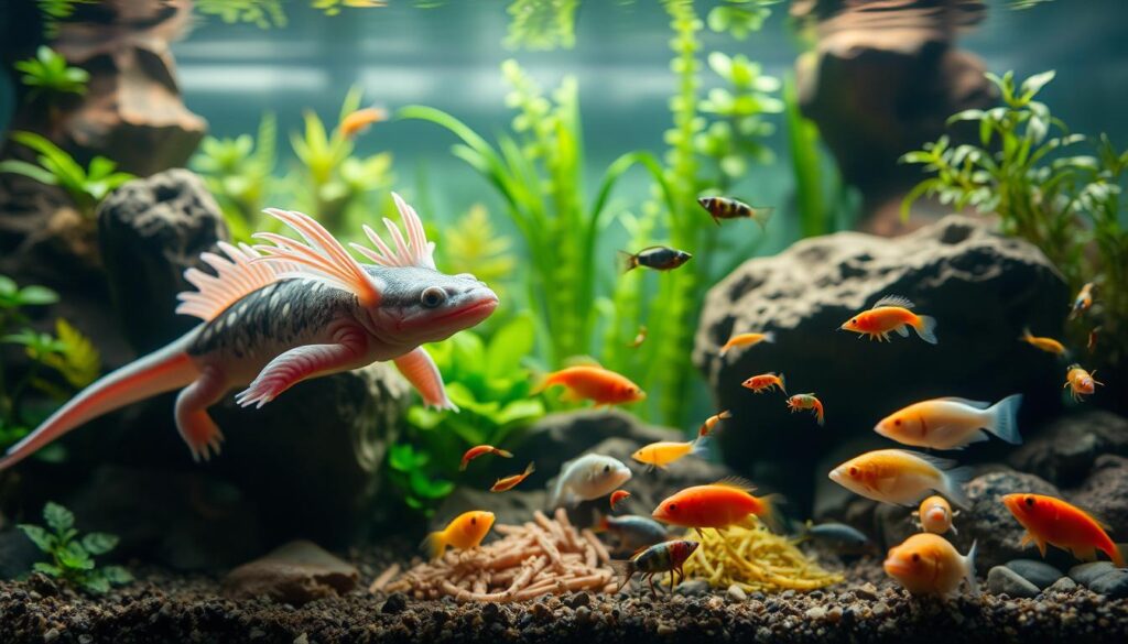 A detailed high-resolution image of an axolotl's diet. In the foreground, an axolotl gracefully swimming amidst a lush underwater environment, its feathery gills glowing. In the middle ground, various types of live aquatic prey such as brine shrimp, small fish, and aquatic invertebrates. The background features a serene aquarium setting with natural rock formations, vibrant plants, and diffused lighting, creating a calming, naturalistic atmosphere. The overall scene should convey the diverse and nutritious dietary needs of the axolotl, reflecting its role as an important part of the aquatic ecosystem.