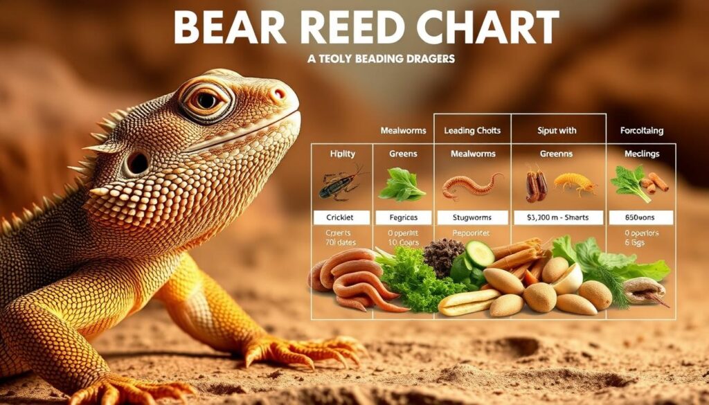 A detailed, realistic diagram illustrating the optimal feeding chart for a bearded dragon. In the foreground, the bearded dragon itself is prominently displayed, its scaly skin and distinctive spines rendered in meticulous detail. The middle ground showcases a balanced arrangement of various food items, including crickets, mealworms, greens, and other appropriate prey, each labeled with their nutritional values. The background depicts a natural, earthy setting, such as a desert landscape or a lush terrarium, to provide a suitable environmental context. Soft, warm lighting casts a calming glow over the scene, creating a sense of harmony and informative clarity. The overall composition is both visually appealing and functionally informative, serving as a valuable resource for bearded dragon owners.