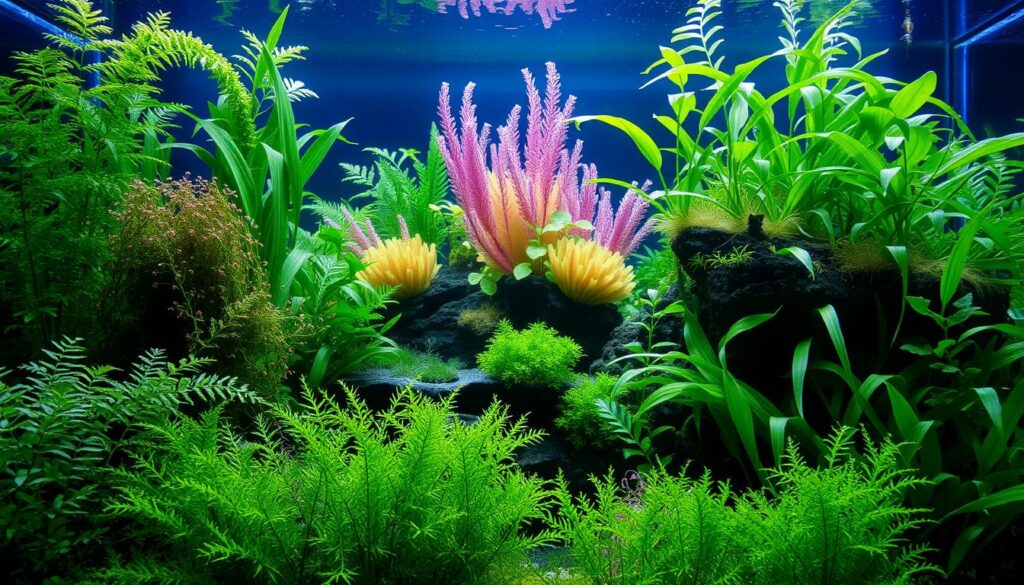 A lush underwater aquarium scene, with a variety of vibrant, meticulously detailed aquatic plants in the foreground. The plants include delicate green ferns, bushy aquatic mosses, and tall, swaying plants with graceful, undulating leaves. The middle ground features a mix of brightly colored, reef-like plant structures, adding depth and visual interest. In the background, the scene is illuminated by soft, natural-looking lighting, creating a serene and inviting atmosphere. The camera angle is positioned to showcase the plants in a way that would be visually appealing for an article on choosing the right live plants for a home setup.