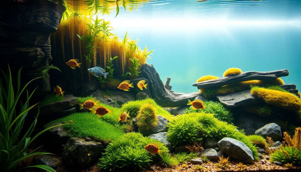 A serene underwater landscape, with soft sunlight filtering through the water's surface. In the foreground, a lush aquatic garden thrives, filled with vibrant, swaying plants and verdant mosses. A school of colorful, peaceful pufferfish lazily swim among the vegetation, their movements graceful and unhurried. In the middle ground, a gently sloping rocky substrate provides hiding spots and resting areas for the pufferfish, while driftwood and smooth stones add visual interest and structure to the environment. The background is a hazy, blue-green expanse, creating a sense of depth and tranquility. The lighting is natural and diffused, casting a warm, soothing glow over the entire scene. Captured with a wide-angle lens, the composition emphasizes the harmony and balance of this ideal tank environment.