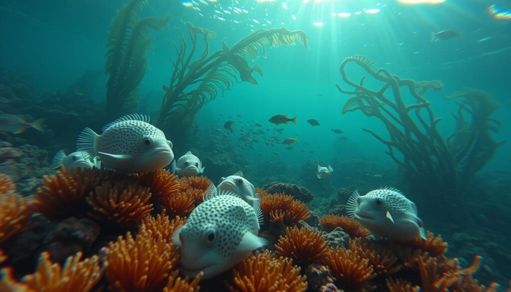 A tranquil underwater scene of pufferfish feeding, captured with a cinematic wide-angle lens. In the foreground, a group of pufferfish delicately nibble on vibrant coral polyps, their puffed bodies gently swaying with the current. The middle ground reveals a school of smaller fish darting between the pufferfish, while the background showcases a lush seascape of swaying kelp and sunlight filtering through the waves. The overall mood is serene and observational, conveying the natural feeding strategies of these unique marine creatures.