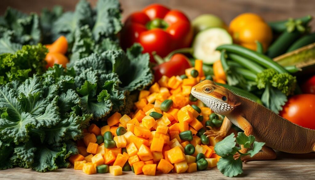 A vibrant, naturalistic still life showcasing an assortment of fresh, organic vegetables suitable for a bearded dragon's diet. In the foreground, arrange a selection of leafy greens such as kale, collard greens, and mustard greens, their lush textures and deep hues creating visual interest. In the middle ground, place a variety of diced vegetables like carrot, butternut squash, and bell pepper, their vibrant colors complementing the greens. In the background, incorporate a few whole vegetables like green beans and sliced zucchini, creating depth and a sense of abundance. Illuminate the scene with warm, diffused lighting, casting gentle shadows and highlighting the natural forms and colors of the produce. Capture the image from a slightly elevated angle, emphasizing the bountiful arrangement and conveying an inviting, appetizing atmosphere suitable for informing readers about a bearded dragon's healthful dietary needs.