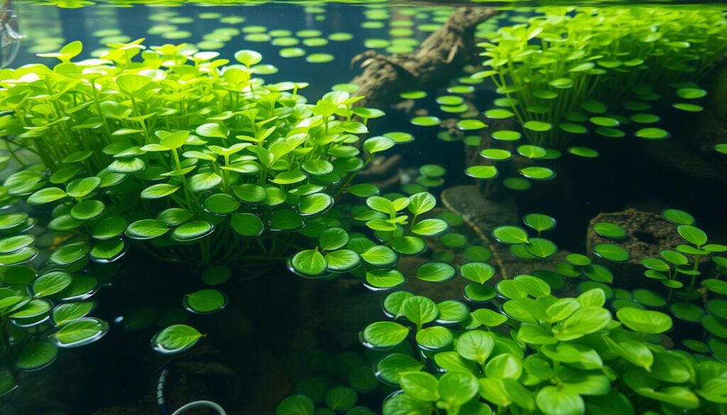 Generate an image of a serene aquarium with floating plants covering the surface.
