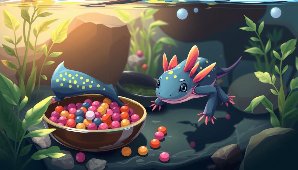 Generate an image of an axolotl near a feeding dish