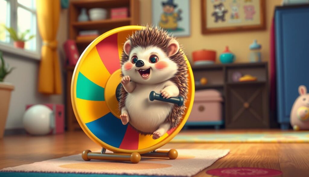 Image of a hedgehog running on a wheel