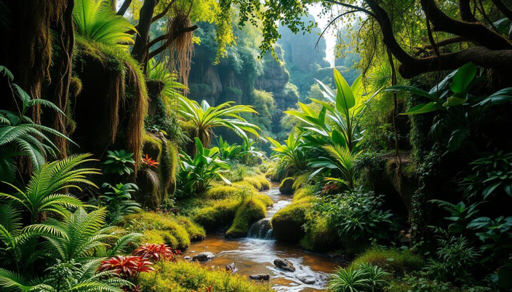 Lush, verdant bioactive terrarium ecosystem. Densely packed with diverse flora: ferns, mosses, tropical plants, cascading vines. Sunlight filters through the canopy, casting warm, dappled illumination across the vibrant, living landscape. In the foreground, a thriving population of invertebrates and small reptiles move gracefully among the undergrowth. The middle ground features a shallow, meandering stream with a gently flowing current. In the background, towering rock formations and lush foliage create an immersive, naturalistic enclosure. An intricate balance of life, a self-sustaining microcosm teeming with activity.