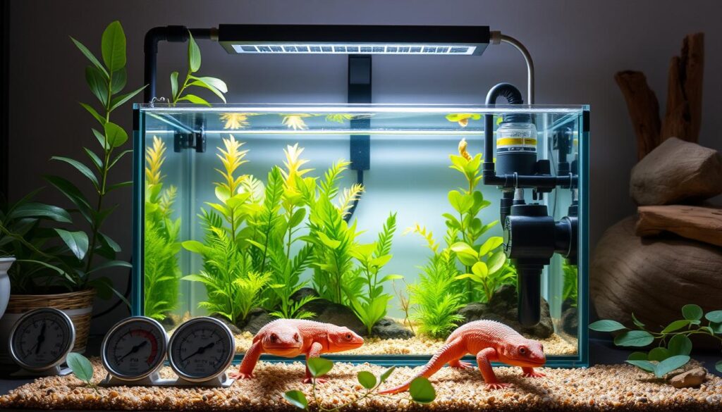 A brightly lit, well-designed axolotl tank setup, showcasing the essential equipment for an ideal cycling habitat. The focal point is a spacious, crystal-clear aquarium, surrounded by lush aquatic plants, a reliable filtration system, and precise water monitoring devices. Soft, natural lighting gently illuminates the scene, creating a serene and calming atmosphere. In the foreground, a thermometer and pH meter provide precise readouts, while in the middle ground, a powerful internal filter and air pump ensure optimal water quality and oxygenation. The background features a sturdy aquarium stand and natural decor, such as driftwood and smooth river rocks, providing a harmonious and naturalistic environment for the axolotl to thrive.