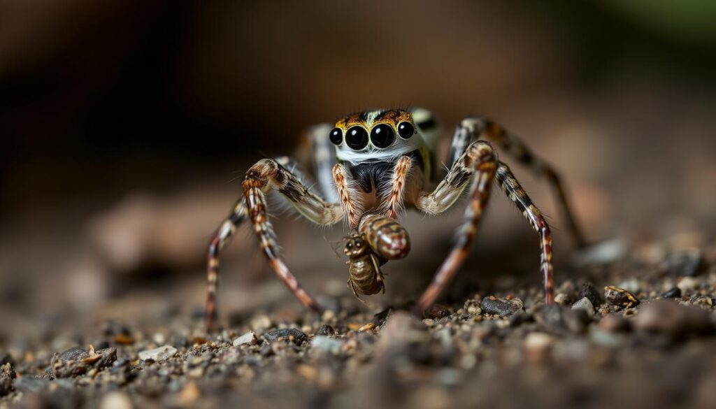 A close-up, macro photograph of a jumping spider in the process of capturing and consuming its prey. The spider is in sharp focus, its eight legs poised and ready, fangs extended as it sinks them into a small insect. The background is blurred, with hints of natural foliage and textures to provide context, but the viewer's attention is drawn to the spider's intense, predatory behavior. Soft, natural lighting illuminates the scene, accentuating the spider's intricate details and patterns. The overall mood is one of fascination and the raw power of nature's smallest hunters.