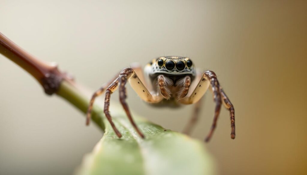A close-up photograph of a jumping spider in its natural habitat, the image capturing the creature's intricate details and feeding behavior. The spider is shown in the foreground, poised on a leaf or twig, its front legs extended and fangs open, ready to pounce on its prey. The background is softly blurred, emphasizing the spider's focused, intense expression. The lighting is soft and natural, creating gentle shadows that accentuate the spider's textures and contours. The composition is balanced, with the spider positioned in the center of the frame, allowing the viewer to fully appreciate its captivating form and predatory instincts. The overall mood is one of quiet observation, inviting the viewer to witness the fascinating feeding ritual of this remarkable arachnid.