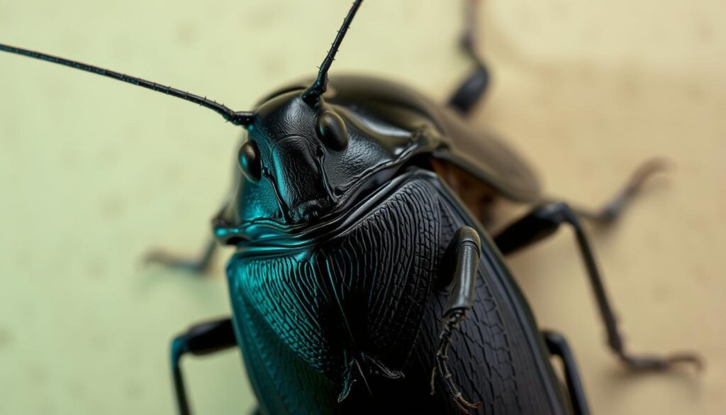 A close-up view of a large Madagascan hissing cockroach, its shiny black carapace gleaming under soft, diffused lighting. The insect's antenna twitch with life, revealing its curious nature. The cockroach is situated against a neutral, slightly textured backdrop, allowing it to be the central focus. The depth of field is shallow, gently blurring the background and drawing the viewer's attention to the intricate details of the cockroach's anatomy - its segmented body, the ridges on its back, and its powerful, hooked legs. The overall mood is one of fascination and appreciation for the unique beauty of this often misunderstood creature.
