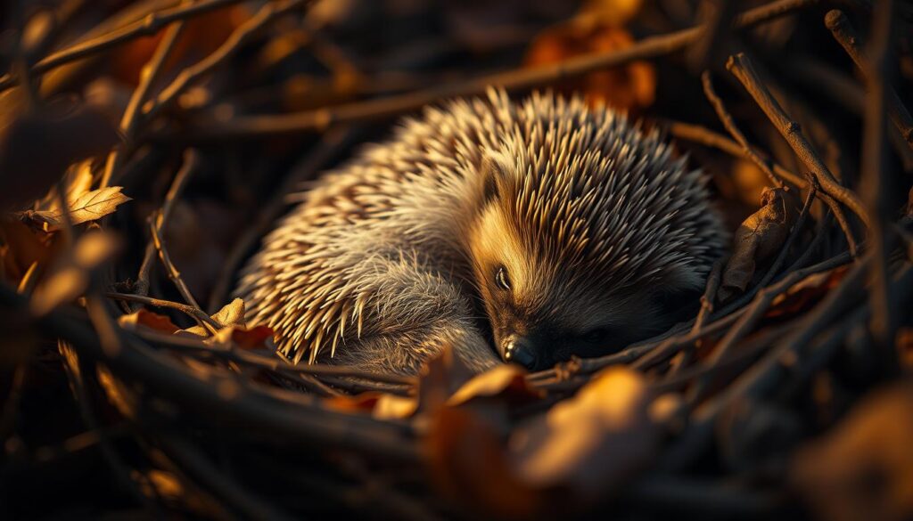 A cozy, closeup scene of a hedgehog curled up in a nest, nestled among fallen leaves and branches. The lighting is soft, ambient, with a warm, golden hue to convey a sense of tranquility. The hedgehog's spines are visible, in muted shades of brown and gray, as it rests peacefully, exhibiting the telltale signs of impending hibernation. The background is subtly blurred, allowing the subject to remain the focal point. The overall composition evokes a serene, natural atmosphere, perfectly capturing the essence of a hedgehog preparing to slumber through the winter months.