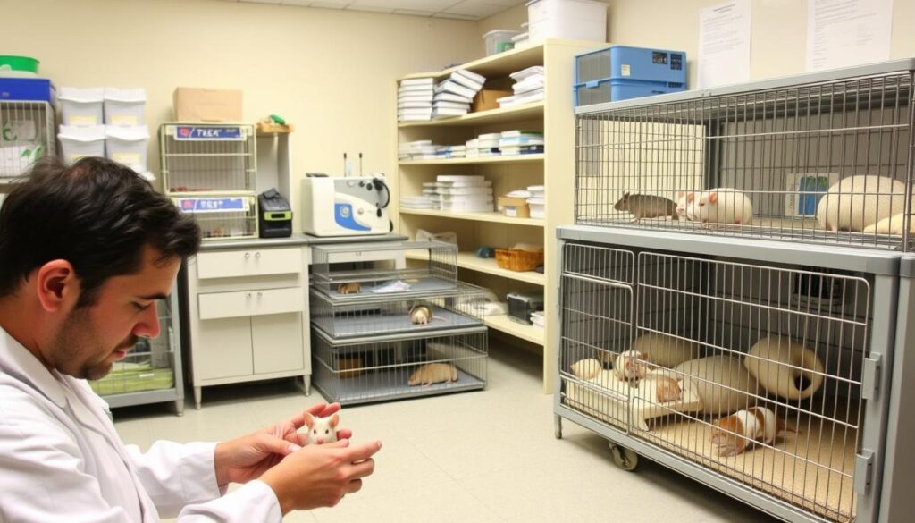 A cozy, well-lit laboratory setting with multiple cages and enclosures, each showcasing different stages of mouse breeding. In the foreground, a researcher in a white lab coat meticulously inspects a litter of newborn mice, observing their health and development. In the middle ground, several mice of various ages and colors are housed in clean, spacious cages, with enrichment materials like nesting materials and running wheels. The background features shelves of supplies, medical equipment, and detailed records, conveying a sense of organization and attention to detail essential for a successful mouse breeding program. The overall atmosphere is one of scientific curiosity, care, and a commitment to ethical practices in animal husbandry.