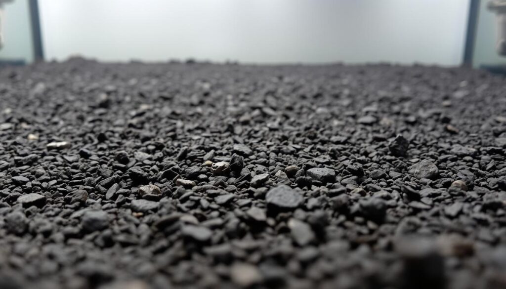 A detailed, close-up view of a drainage layer in a terrarium or vivarium, showcasing its intricate structure and purpose. The layer is composed of dark, porous rocks or gravel, evenly distributed to allow for proper water drainage and aeration. The background is slightly blurred, emphasizing the textural quality of the drainage layer in the foreground. Soft, diffused lighting illuminates the scene, creating a calm, natural atmosphere that would complement the "Setting Up the Foundation Layers" section of the article on creating a rainforest vivarium for dart frogs.
