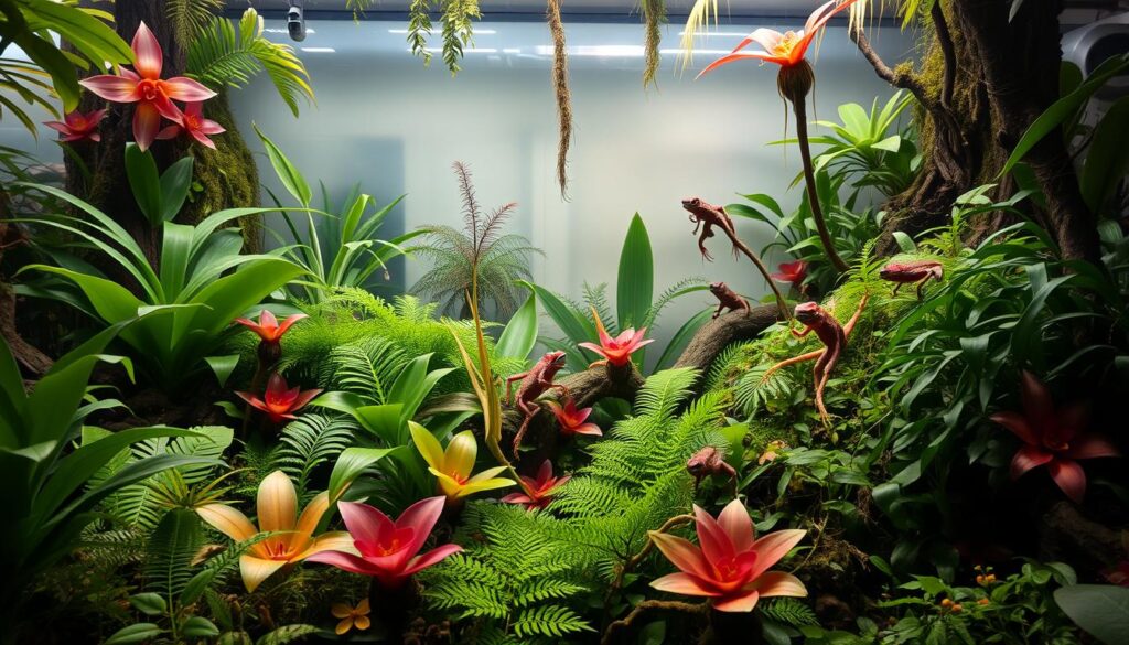 A lush, vibrant rainforest vivarium with a variety of dart frogs inhabiting the foreground. The scene depicts the middle ground filled with a diverse array of tropical plants, including ferns, bromeliads, and mosses, creating a dense, jungle-like environment. In the background, a softly lit, misty atmosphere suggests the humidity and warmth of a tropical rainforest. The lighting is natural, with a soft, diffused quality, casting gentle shadows and highlights on the vivarium's contents. The camera angle is slightly elevated, allowing the viewer to observe the captivating interplay of colors, textures, and the frogs' delicate movements within their carefully curated habitat.