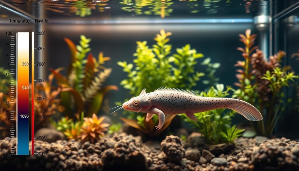 A meticulously detailed scientific illustration depicting the ideal water parameters for maintaining a healthy axolotl habitat. The foreground showcases a series of water quality measurements, including temperature, pH, ammonia, nitrites, and nitrates, presented in a clear and organized manner. The middle ground features a close-up of an axolotl swimming gracefully, surrounded by lush aquatic plants and a natural, calming underwater environment. The background depicts a serene, dimly lit tank, casting a warm, contemplative glow over the scene. The lighting is soft and diffused, emphasizing the delicate balance of the aquatic ecosystem. The overall composition conveys a sense of technical expertise and environmental harmony, reflecting the importance of carefully monitoring and maintaining the optimal water conditions for these fascinating amphibians.