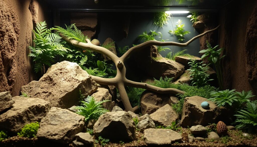 A natural, well-lit jumping spider enclosure with a front-facing glass panel. The foreground features an array of textured rocks and dense foliage, creating ample hiding spots and a varied terrain. The middle ground showcases a prominent central branch, allowing the spider to perch and survey its domain. In the background, a softly illuminated, dimly-lit zone with additional greenery and subtle details, establishing a sense of depth and an immersive, realistic habitat. The lighting is soft and directional, casting gentle shadows that accentuate the enclosure's three-dimensional elements. The overall atmosphere is one of a thriving, meticulously designed jumping spider terrarium, perfect for observing these captivating arachnids in their natural-looking environment.