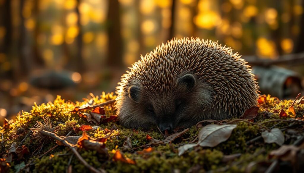 A sleeping hedgehog curled into a tight ball, nestled in a bed of soft moss and dried leaves. The scene is illuminated by warm, golden sunlight filtering through the canopy of a dense forest. The hedgehog's spines are gently ruffled, its body in a state of peaceful repose as it undergoes the process of hibernation. The background is filled with the earthy tones of the woodland, with blurred trees and foliage creating a sense of tranquility and seclusion. The overall composition evokes a feeling of wonder and appreciation for the natural world and the remarkable adaptations of these small creatures.