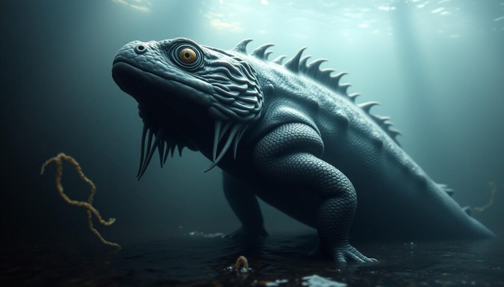 A towering, aquatic creature emerges from the murky depths, its reptilian features and flowing gills evoking a primordial essence. Its eyes gleam with an otherworldly intelligence as it surveys its watery domain, its massive, muscular body undulating gracefully through the current. Tendrils of iridescent algae drift in its wake, adding to the sense of ancient power. The scene is bathed in a soft, diffused light, creating an atmosphere of wonder and mystery. The axolotl, long considered a 'water monster' by folklore, is captured in all its enigmatic glory, a testament to the marvels of nature.