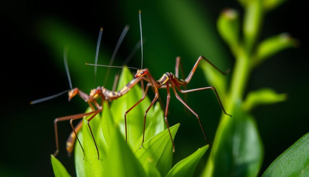 A vibrant close-up of several slender, long-legged stick insects gracefully perched on lush green foliage. The delicate creatures are portrayed in a naturalistic, well-lit setting with soft shadows, highlighting their intricate details and mesmerizing camouflage patterns. The image conveys a sense of tranquility and wonder, inviting the viewer to closely observe these fascinating invertebrates that would make captivating, low-maintenance pets for curious children.