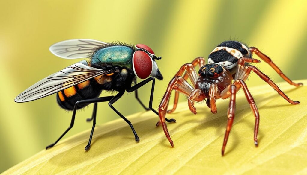 An image of a fruit fly near a jumping spider
