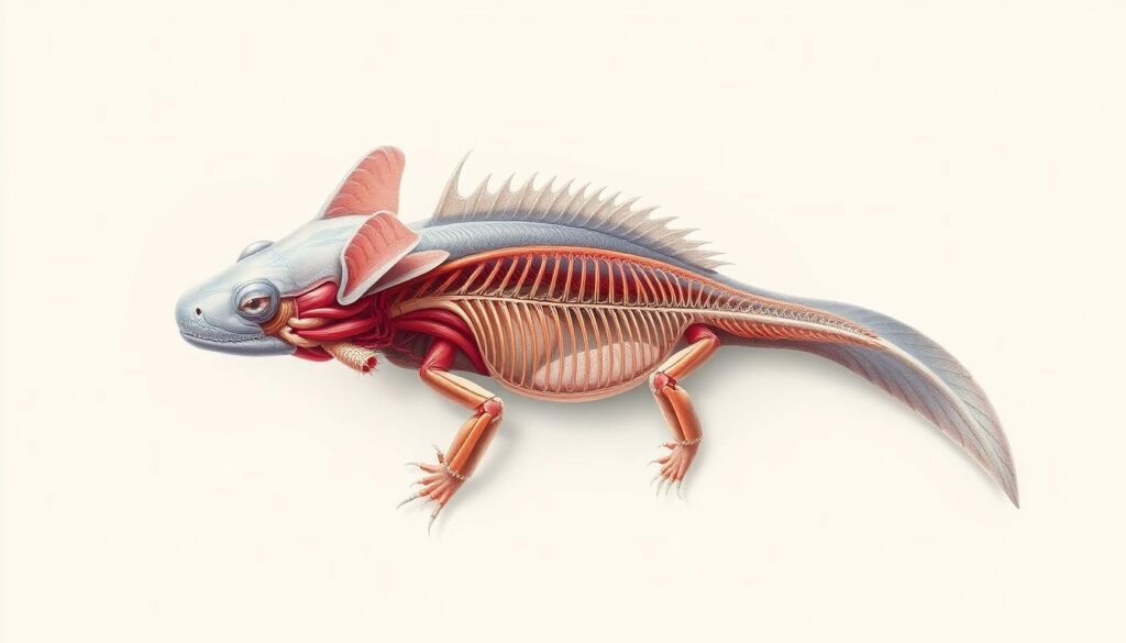 Detailed anatomical illustration of an axolotl, showcasing its unique biological features. Centered and rendered in highly realistic, scientific style against a clean, neutral background. Precisely captured from multiple angles to highlight the creature's complex internal structures, including its gill tufts, skeletal system, and circulatory network. Soft, even lighting illuminates the subject, emphasizing intricate textures and subtle coloration. Composition strikes a balance between technical precision and artistic elegance, suitable for educational and informational purposes.