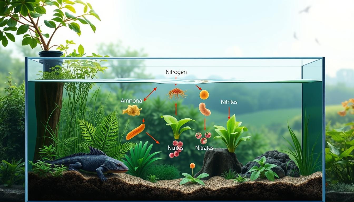 Detailed digital illustration of the nitrogen cycle in an axolotl tank. Foreground depicts a cross-section of the tank with an axolotl and various aquatic plants. Midground shows the nitrogen cycle process, including nitrifying bacteria, ammonia, nitrites, and nitrates. Background features a serene, natural landscape with lush foliage and soft lighting, conveying a tranquil, balanced ecosystem. Rendered in a realistic, high-resolution style with precise attention to scientific accuracy and visual aesthetics to educate and inform viewers about the importance of proper nitrogen cycling for a healthy axolotl habitat.