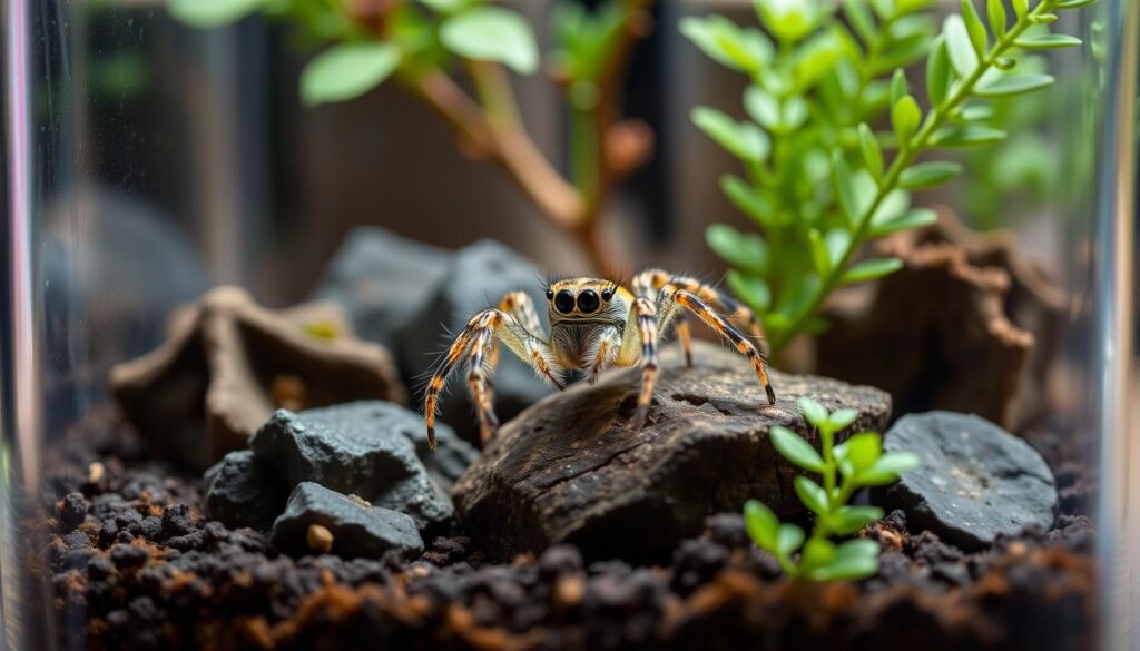 Generate an image of a jumping spider in a terrarium with optimal size and decorations.