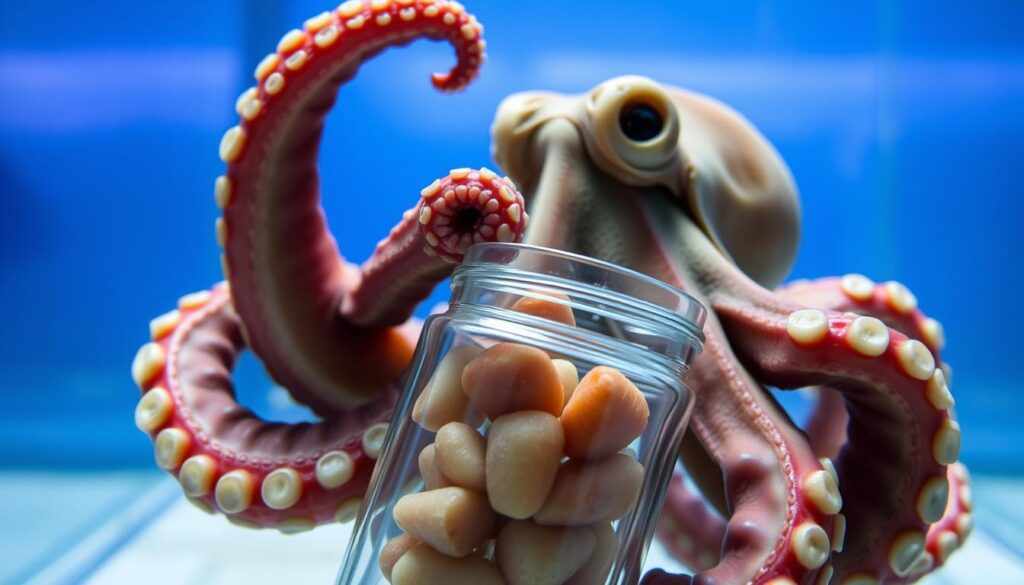 Octopus solving a puzzle by opening a jar to retrieve food, demonstrating their problem-solving intelligence