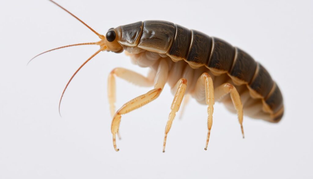 A close-up view of a moulting invertebrate, showcased against a neutral background. The creature's exoskeleton is in the process of being shed, revealing the soft, vulnerable body underneath. Delicate details of the moulting limbs and the split carapace are clearly visible, conveyed through a combination of macro photography and soft, diffused lighting. The scene evokes a sense of transformation and natural cycles, with a clean, scientific aesthetic suitable for an educational context.
