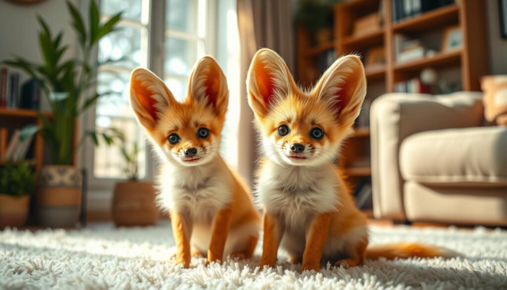 A cozy living room scene featuring a pair of adorable fennec foxes, their large ears perked up in curiosity. Soft natural lighting filters through the windows, casting a warm glow on their fluffy golden fur. The foxes sit atop a plush rug, their expressive faces tilted as if observing the viewer. In the background, a bookshelf and potted plants create a homey, inviting atmosphere, hinting at the fennec foxes' compatibility as household companions. The overall composition conveys the charm and appeal of these diminutive desert dwellers as domestic pets.