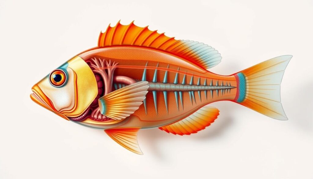 A detailed anatomical cross-section of a mandarin fish, rendered with scientific accuracy and visual clarity. The fish is positioned in the center, with its vibrant orange and blue colors prominently displayed. The internal structures, such as the digestive system, circulatory system, and skeletal framework, are meticulously illustrated using a semi-transparent overlaying technique, allowing the viewer to understand the intricate biology of this captivating marine species. The background is a clean, neutral tone, placing the focus entirely on the subject matter. Soft, diffused lighting casts gentle shadows, enhancing the depth and dimensionality of the image. The perspective is slightly elevated, providing an optimal view for observing the mandarin fish's unique anatomy.