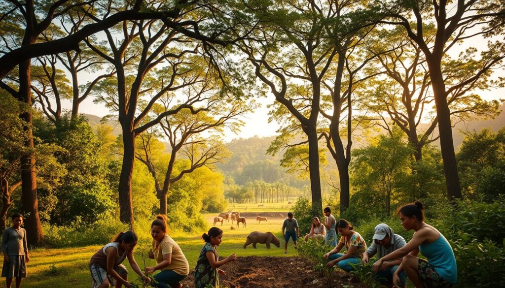 A serene landscape, a verdant forest with towering trees, their branches reaching towards the sky. In the foreground, a group of people, diverse in age and background, work together to plant saplings, their faces filled with a sense of purpose and dedication. The middle ground features a wildlife sanctuary, where animals roam freely, their well-being the focus of the community's efforts. Warm, natural lighting bathes the scene, casting a golden glow and creating a sense of harmony. The overall atmosphere conveys a message of collective action, environmental stewardship, and a deep appreciation for the natural world.