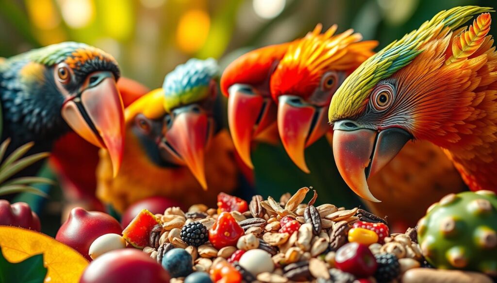 A vibrant and detailed close-up view of an assortment of exotic birds' beaks and tongues, capturing the intricate structures and adaptations that enable their diverse feeding behaviors. The foreground features a lush array of tropical fruits, seeds, and other nutritious items, artfully arranged to showcase the birds' natural diet. The middle ground depicts the birds themselves, their plumage shimmering with rich colors and patterns, as they curiously investigate the food sources. The background is softly blurred, emphasizing the birds and their sustenance. Warm, directional lighting casts a natural, almost golden glow, evoking a sense of harmony and the birds' vital role in their ecosystem. Captured with a macro lens, the image invites the viewer to appreciate the nuanced beauty and specialized adaptations of these magnificent creatures.