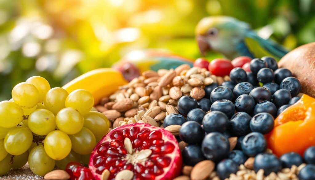 A vibrant close-up shot of an assortment of exotic birds' favorite foods, arranged artfully against a softly blurred natural backdrop. In the foreground, a variety of colorful fruits and berries, including juicy grapes, vibrant pomegranate arils, and plump blueberries. In the middle ground, crunchy nuts and seeds, such as almonds, sunflower seeds, and millet, are scattered among the produce. The background features lush, verdant foliage, hinting at the birds' lush, tropical habitats. The lighting is soft and warm, creating a welcoming, appetizing atmosphere. Captured with a sharp, macro lens to emphasize the texture and vibrancy of the healthy, natural ingredients.