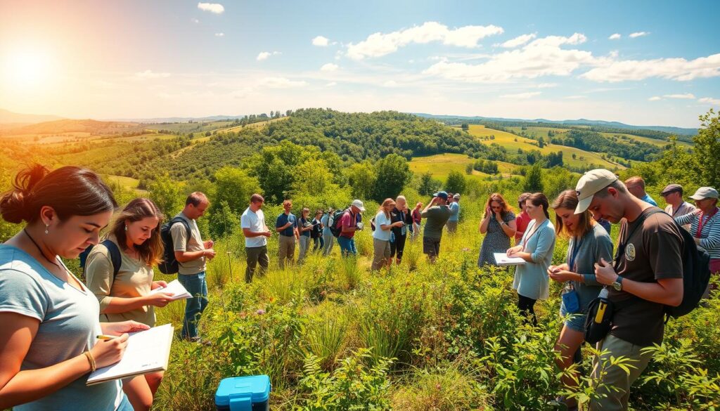 A vibrant outdoor scene showcasing various citizen science projects. In the foreground, a group of volunteers diligently recording data, examining specimens, and operating scientific equipment. The middle ground features a diverse array of activities, such as bird watching, water quality testing, and plant identification. In the background, a lush natural landscape with rolling hills, verdant foliage, and a clear sky bathed in warm, golden sunlight. The atmosphere conveys a sense of community, learning, and environmental stewardship. Captured with a wide-angle lens to emphasize the collaborative nature of the projects.
