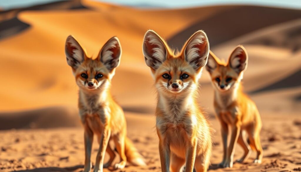Majestic fennec foxes, their oversized ears perking up with curiosity, stand alert in a desert landscape. Warm sunlight bathes their golden fur, casting dramatic shadows across the undulating sand dunes in the background. The foxes' lithe forms exude an air of playful grace, capturing the essence of these captivating desert dwellers. Shooting with a wide-angle lens, the scene conveys a sense of the foxes' natural habitat, allowing the viewer to appreciate their unique adaptations to the harsh yet stunning environment. The overall mood is one of wonder and admiration for these charismatic creatures.