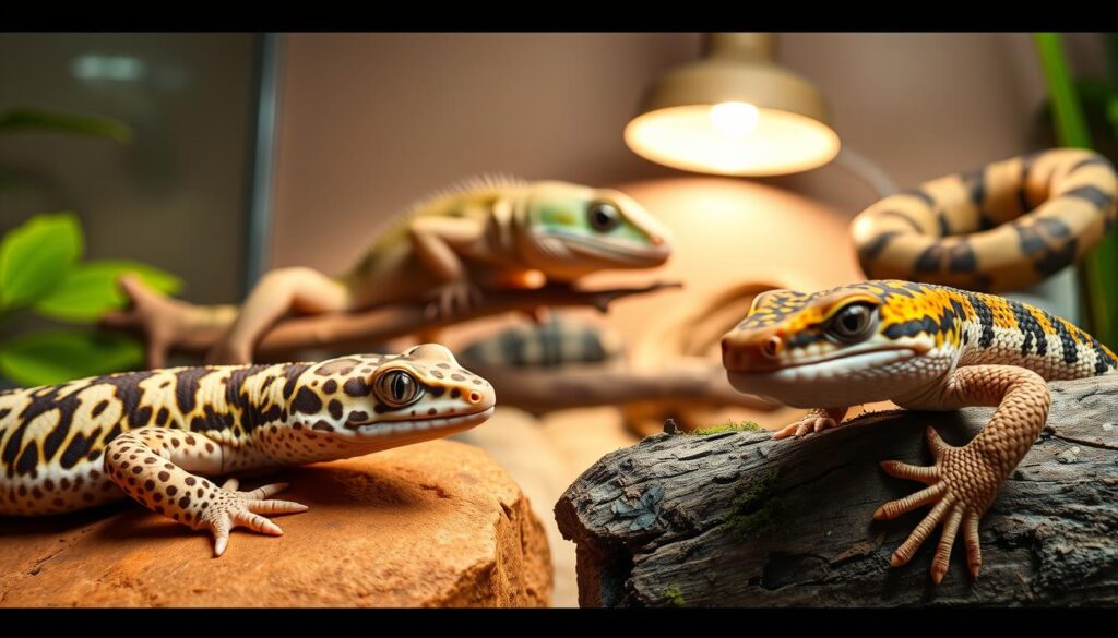 A close-up shot of five different low-maintenance reptile pets, each showcased in its natural habitat. In the foreground, a docile leopard gecko resting on a warm rock, its intricate patterns catching the soft, diffused lighting. In the middle ground, a chameleon casually perched on a branch, its color-shifting abilities on full display. In the background, a bearded dragon basking under a heat lamp, its triangular head and spiny body a testament to its hardy nature. To the side, a corn snake coiled peacefully, its vibrant orange and black scales creating a striking visual contrast. Finally, a crested gecko clings to the edge of a damp, moss-covered log, its large, expressive eyes conveying a sense of curious tranquility. Captured with a shallow depth of field, this image offers an intimate glimpse into the captivating world of low-maintenance reptile pets.