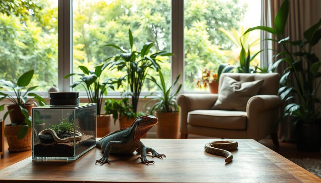 A cozy living room setting, with a large window overlooking a lush, verdant outdoor scene. In the foreground, a wooden coffee table holds a terrarium, its inhabitants - a healthy, content-looking lizard and a curious snake - basking under a warm, focused light. Mid-ground, a comfortable armchair invites the viewer to relax and observe the reptilian residents. The background showcases vibrant, low-maintenance houseplants, creating a harmonious, natural ambiance. The lighting is soft, diffused, and natural, emphasizing the tranquil, inviting atmosphere. The overall scene conveys the idea of reptiles as low-maintenance, rewarding pets that can thrive in busy, urban lifestyles. A cozy living room setting, with a large window overlooking a lush, verdant outdoor scene. In the foreground, a wooden coffee table holds a terrarium, its inhabitants - a healthy, content-looking lizard and a curious snake - basking under a warm, focused light. Mid-ground, a comfortable armchair invites the viewer to relax and observe the reptilian residents. The background showcases vibrant, low-maintenance houseplants, creating a harmonious, natural ambiance. The lighting is soft, diffused, and natural, emphasizing the tranquil, inviting atmosphere. The overall scene conveys the idea of reptiles as low-maintenance, rewarding pets that can thrive in busy, urban lifestyles.