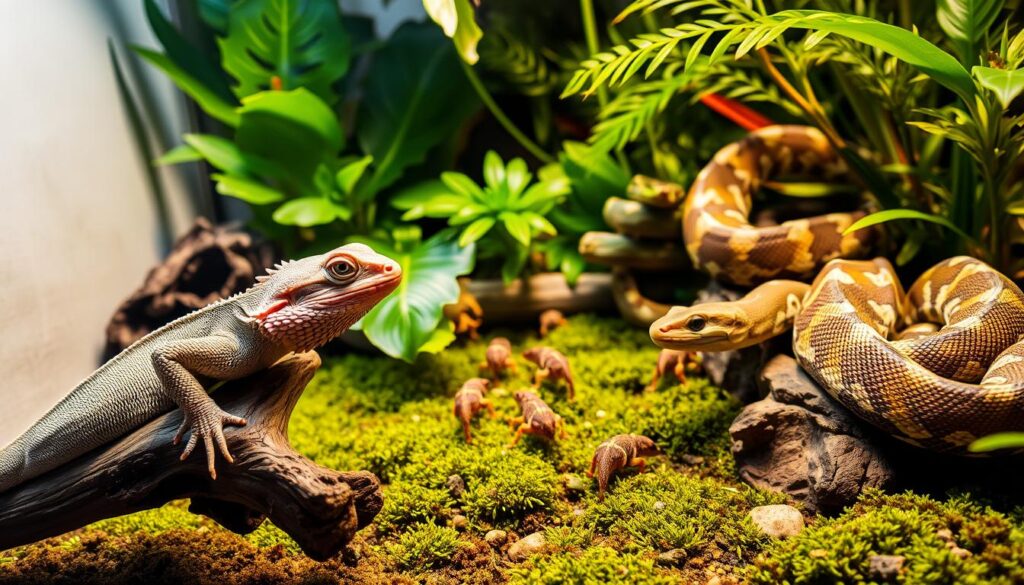 A well-lit terrarium scene showcasing a variety of low-maintenance reptiles. In the foreground, a sleek bearded dragon calmly perches on a driftwood branch, its scales glistening under soft, diffused lighting. In the middle ground, a group of small, brightly-colored gecko hatchlings scurry across a mossy substrate, exploring their cozy enclosure. In the background, a regal corn snake coils gracefully amidst lush, tropical foliage, its pattern-rich skin catching the light. The overall atmosphere conveys a sense of serenity and ease, highlighting the appeal of these easygoing, hardy reptile companions. A well-lit terrarium scene showcasing a variety of low-maintenance reptiles. In the foreground, a sleek bearded dragon calmly perches on a driftwood branch, its scales glistening under soft, diffused lighting. In the middle ground, a group of small, brightly-colored gecko hatchlings scurry across a mossy substrate, exploring their cozy enclosure. In the background, a regal corn snake coils gracefully amidst lush, tropical foliage, its pattern-rich skin catching the light. The overall atmosphere conveys a sense of serenity and ease, highlighting the appeal of these easygoing, hardy reptile companions.