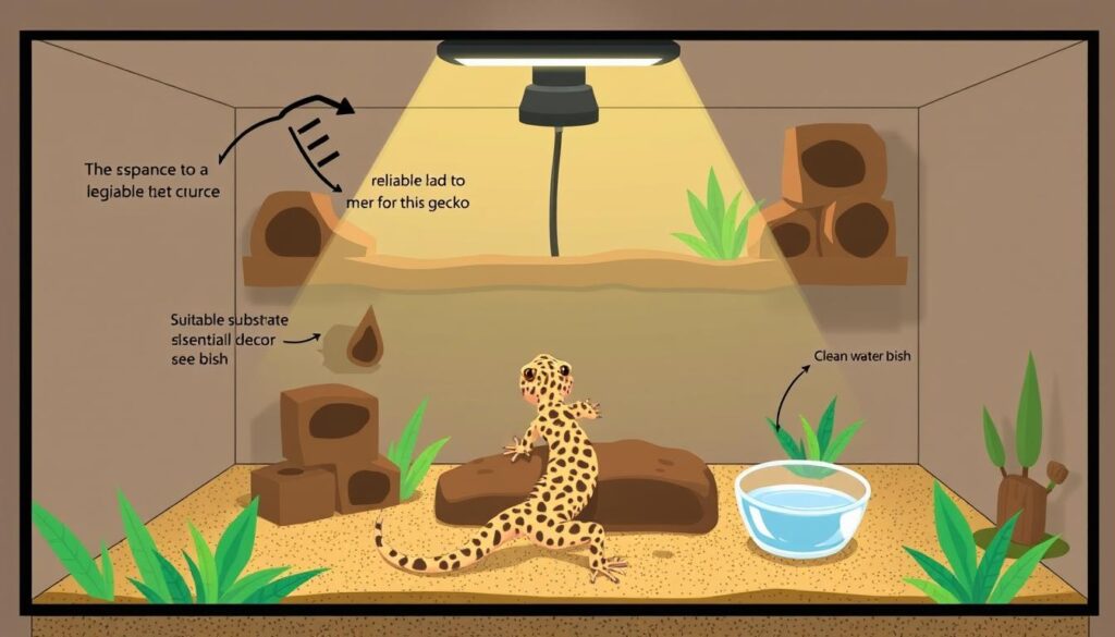 Create an image of a beginner's leopard gecko setup, including a simple enclosure with a heat source, hiding places, and a water dish. Create an image of a beginner's leopard gecko setup, including a simple enclosure with a heat source, hiding places, and a water dish.