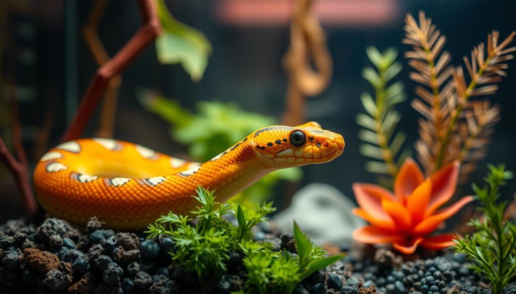 Create an image of a corn snake in a well-decorated enclosure with a temperature gradient. Create an image of a corn snake in a well-decorated enclosure with a temperature gradient.