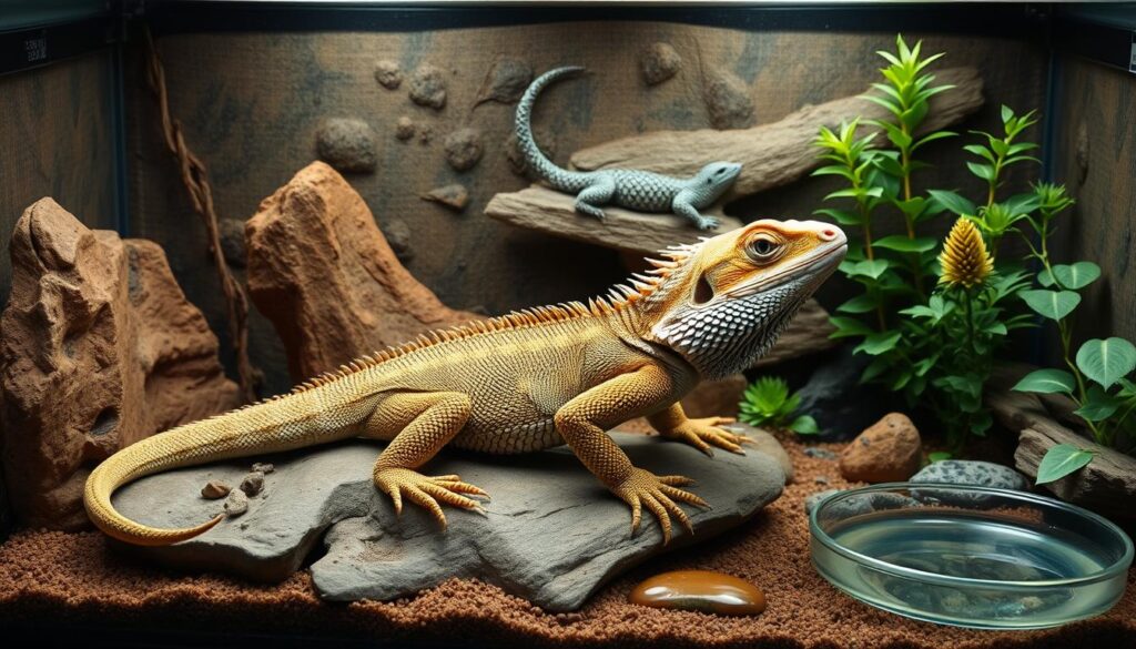 Generate an image of a bearded dragon in a well-set-up terrarium with a temperature gradient. Generate an image of a bearded dragon in a well-set-up terrarium with a temperature gradient.