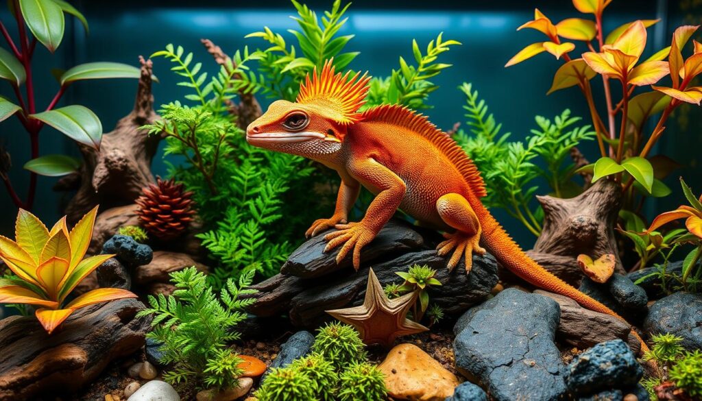 Generate an image of a crested gecko in a well-planted terrarium. Generate an image of a crested gecko in a well-planted terrarium.