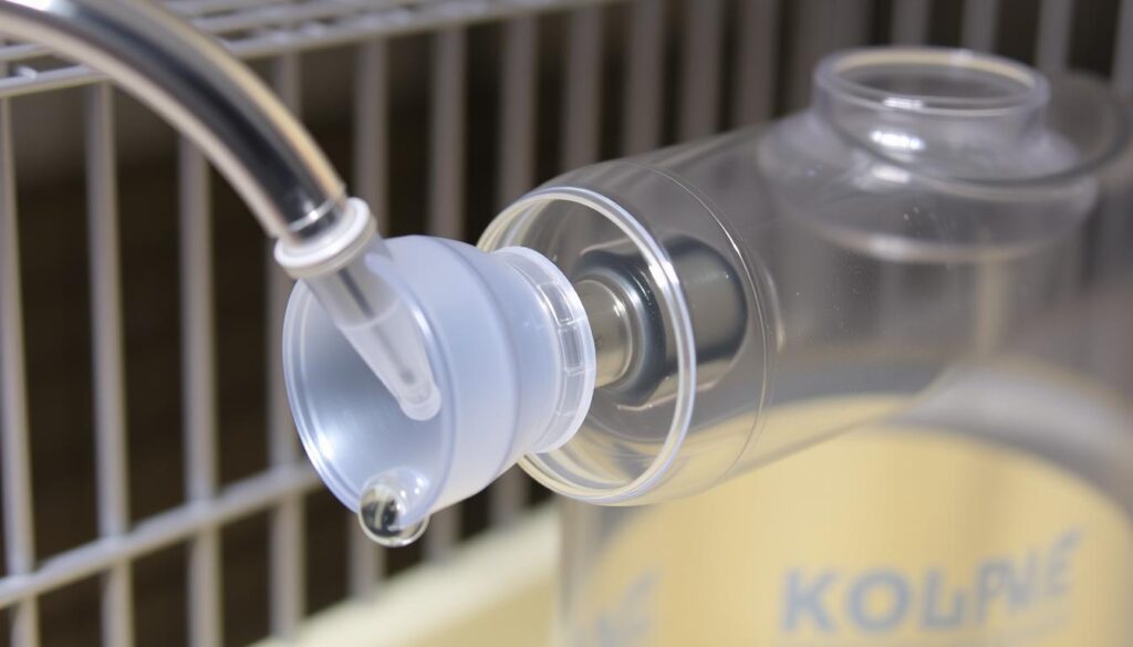 A clear, plastic no-drip hamster water bottle with a metal sipper tube attached to a modern wire cage, clean environment, focus on the water droplets at the tip of the nozzle. A clear, plastic no-drip hamster water bottle with a metal sipper tube attached to a modern wire cage, clean environment, focus on the water droplets at the tip of the nozzle.