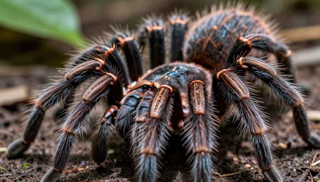 A close-up view of tarantula urticating hairs, illustrating their unique structure and details. In the foreground, focus on a cluster of iridescent urticating hairs, showcasing their fine, sharp nature with intricate textures. The middle ground features a tarantula in a natural pose, emphasizing its body and the fine hairs on its legs, capturing the contrast between the furry body and the delicate urticating hairs. The background is a blurred, natural habitat scene that hints at a forest floor with soft lighting filtering through leaves, creating a slightly dappled effect. The overall mood is slightly tense but fascinating, highlighting the misunderstood nature of tarantulas and their potential defensive mechanisms. Use macro photography techniques with a shallow depth of field to enhance sharpness and detail on the hairs.